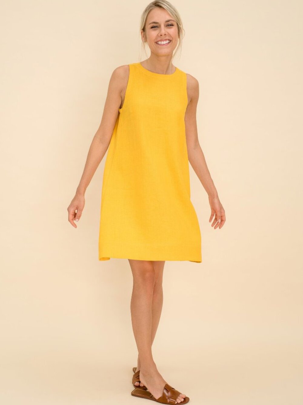 HOMEY LINEN Golden Yellow 100% Linen A-Line Trapeze Tent Dress, Size M